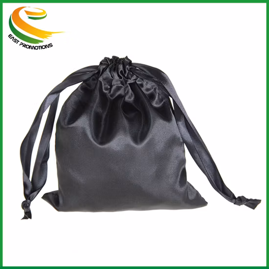 Pochette en satin de soie cadeau cordon personnalisé, sac en satin noir d'emballage d'extension de cheveux avec impression de logo