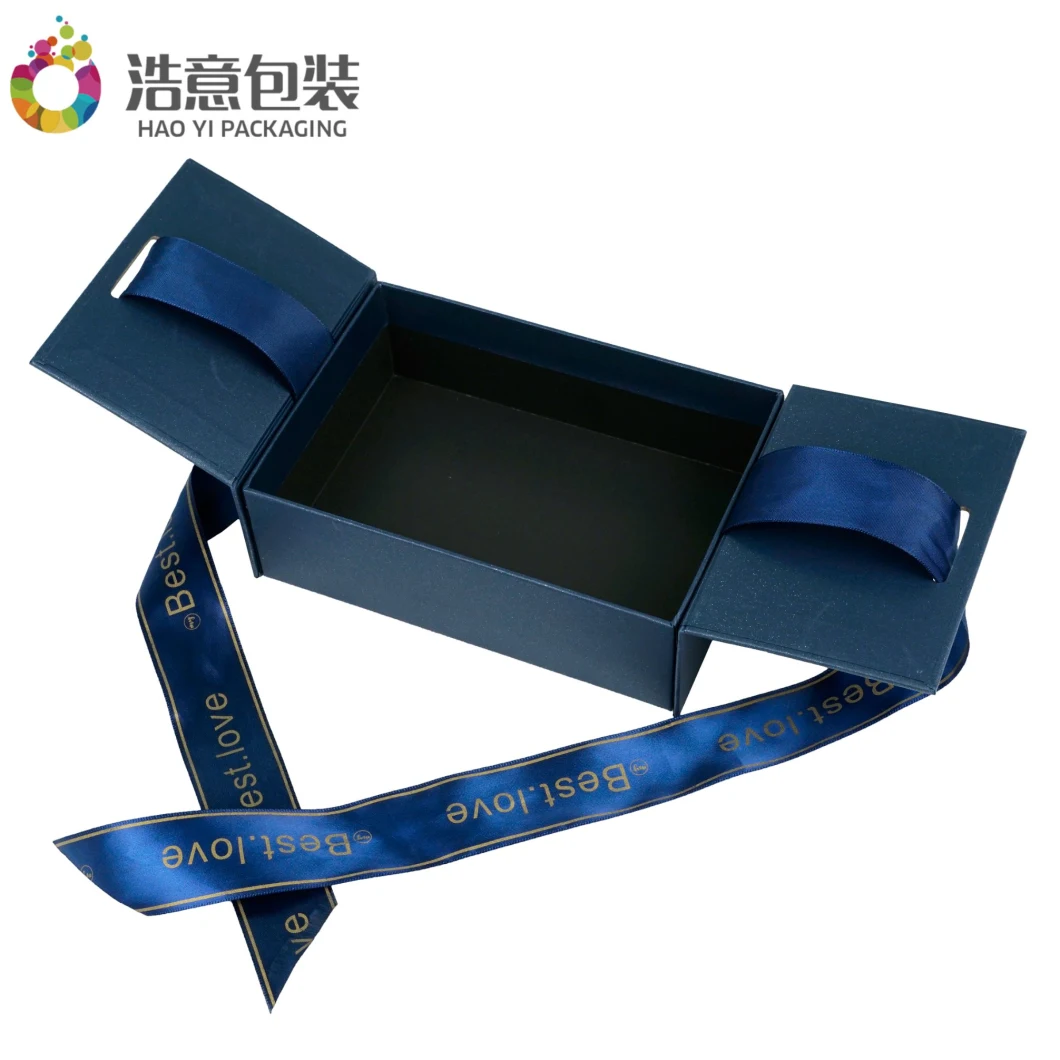 Custom Printed Luxury Blue Cardboard Cosmetics Makeup Clothes Magnetic Paper Gift Packaging Jewelry Box for Watch Wedding Party Festival Packing with Ribbon